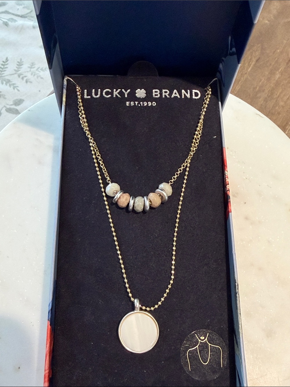 Lucky Brand Gold-Tone Double Layer Necklace with Cream and Tan Beads